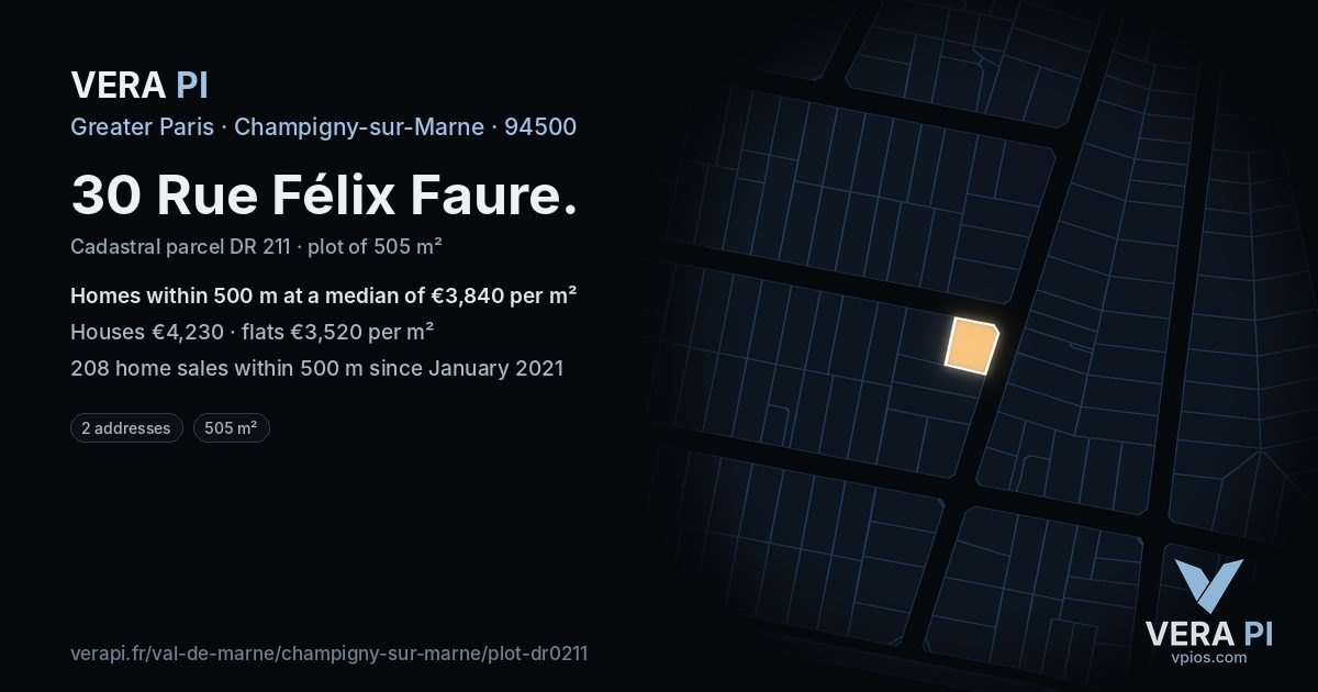 30 Rue Félix Faure, Champigny-sur-Marne at night – the plot lit, the parcels around coloured by the prices near them