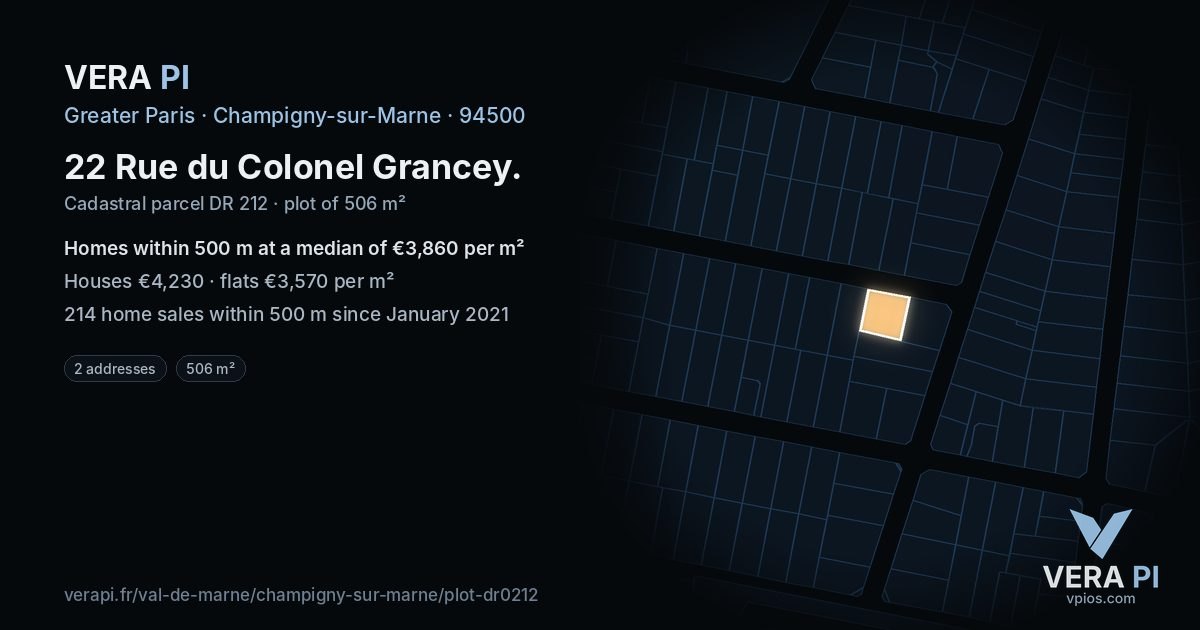 22 Rue du Colonel Grancey, Champigny-sur-Marne at night – the plot lit, the parcels around coloured by the prices near them