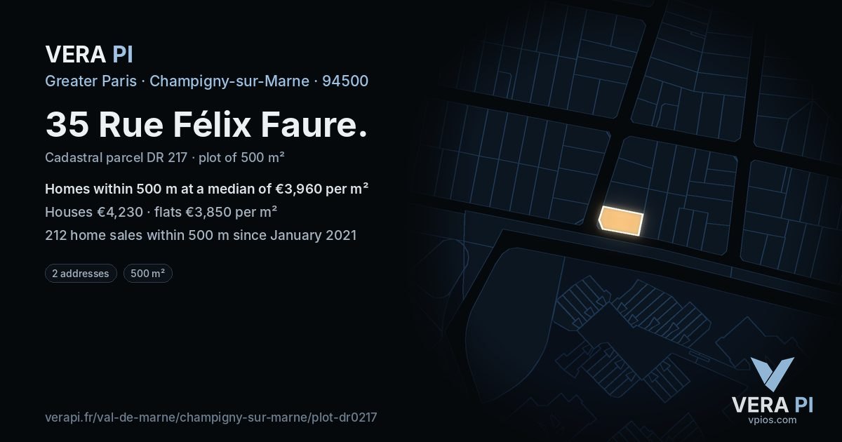 35 Rue Félix Faure, Champigny-sur-Marne at night – the plot lit, the parcels around coloured by the prices near them