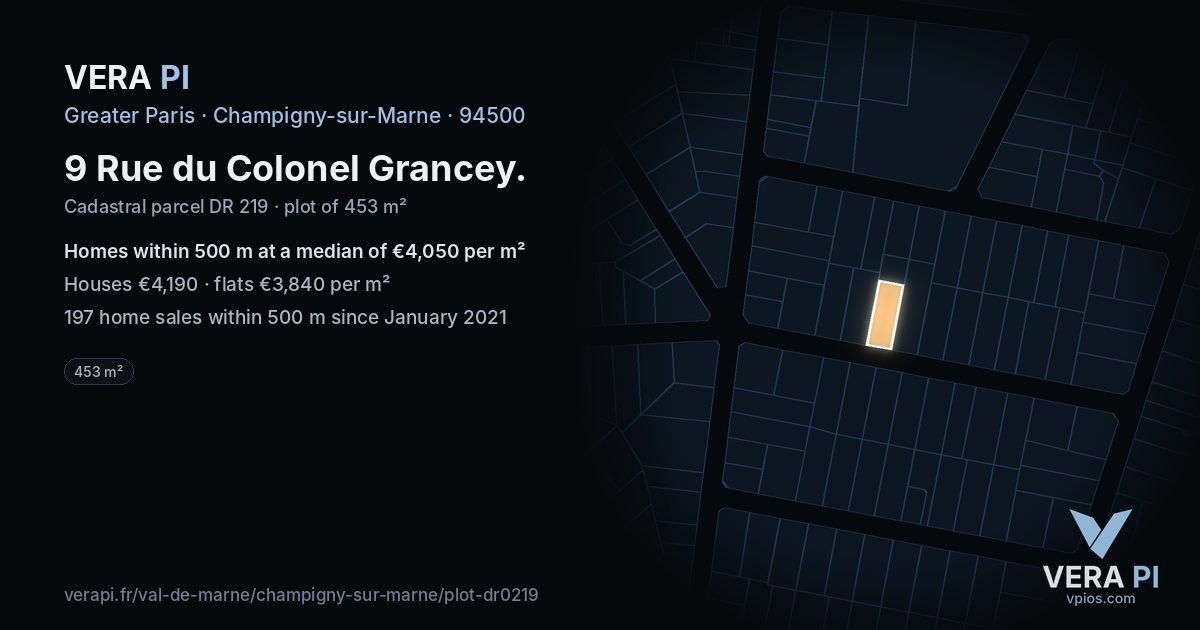 9 Rue du Colonel Grancey, Champigny-sur-Marne at night – the plot lit, the parcels around coloured by the prices near them