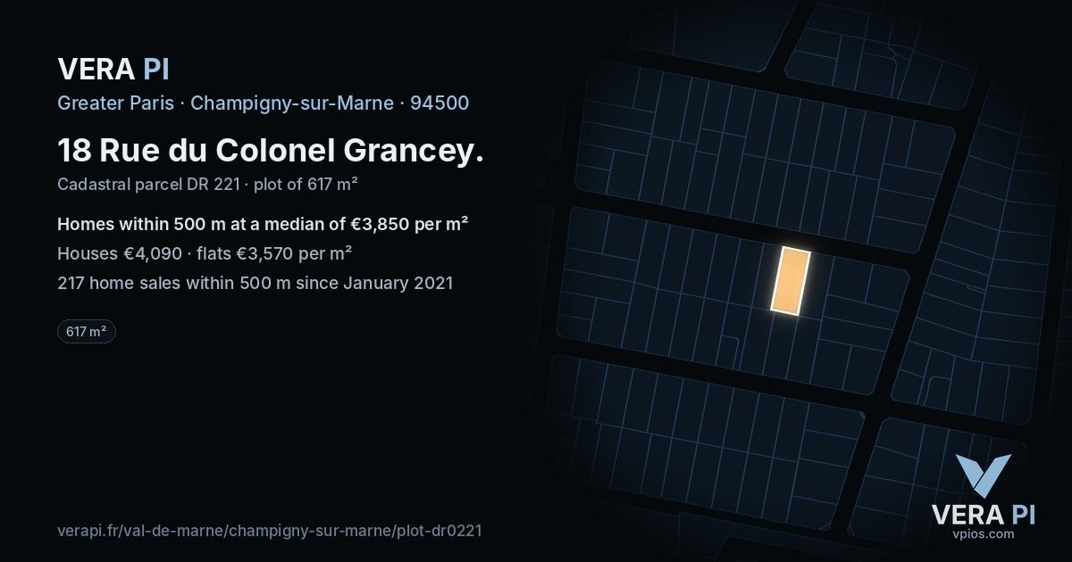 18 Rue du Colonel Grancey, Champigny-sur-Marne at night – the plot lit, the parcels around coloured by the prices near them