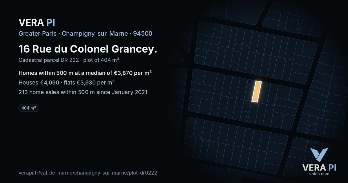 16 Rue du Colonel Grancey, Champigny-sur-Marne at night – the plot lit, the parcels around coloured by the prices near them