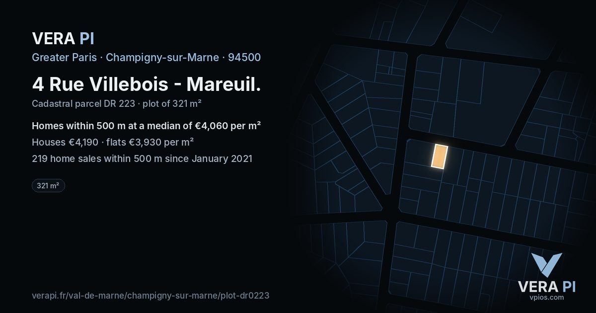 4 Rue Villebois - Mareuil, Champigny-sur-Marne at night – the plot lit, the parcels around coloured by the prices near them