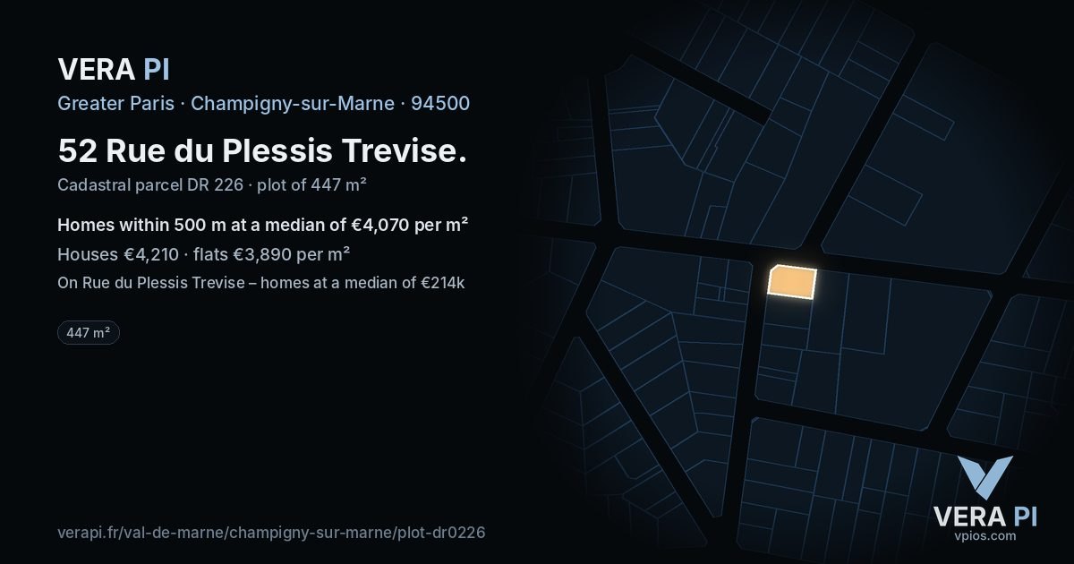 52 Rue du Plessis Trevise, Champigny-sur-Marne at night – the plot lit, the parcels around coloured by the prices near them