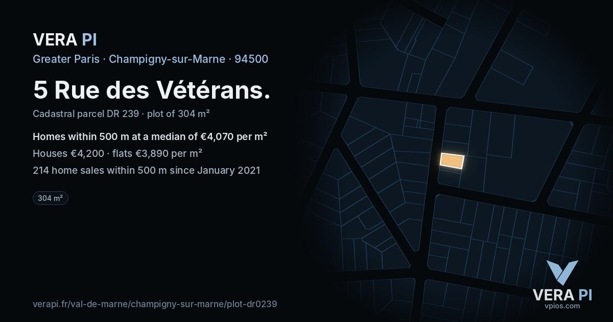 5 Rue des Vétérans, Champigny-sur-Marne at night – the plot lit, the parcels around coloured by the prices near them