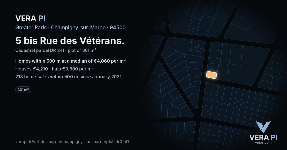 5 bis Rue des Vétérans, Champigny-sur-Marne at night – the plot lit, the parcels around coloured by the prices near them