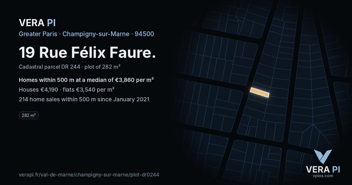 19 Rue Félix Faure, Champigny-sur-Marne at night – the plot lit, the parcels around coloured by the prices near them