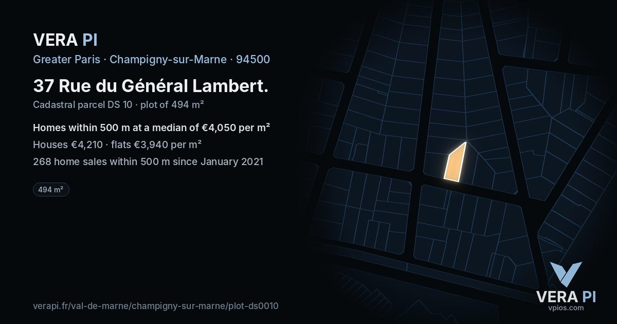 37 Rue du Général Lambert, Champigny-sur-Marne at night – the plot lit, the parcels around coloured by the prices near them