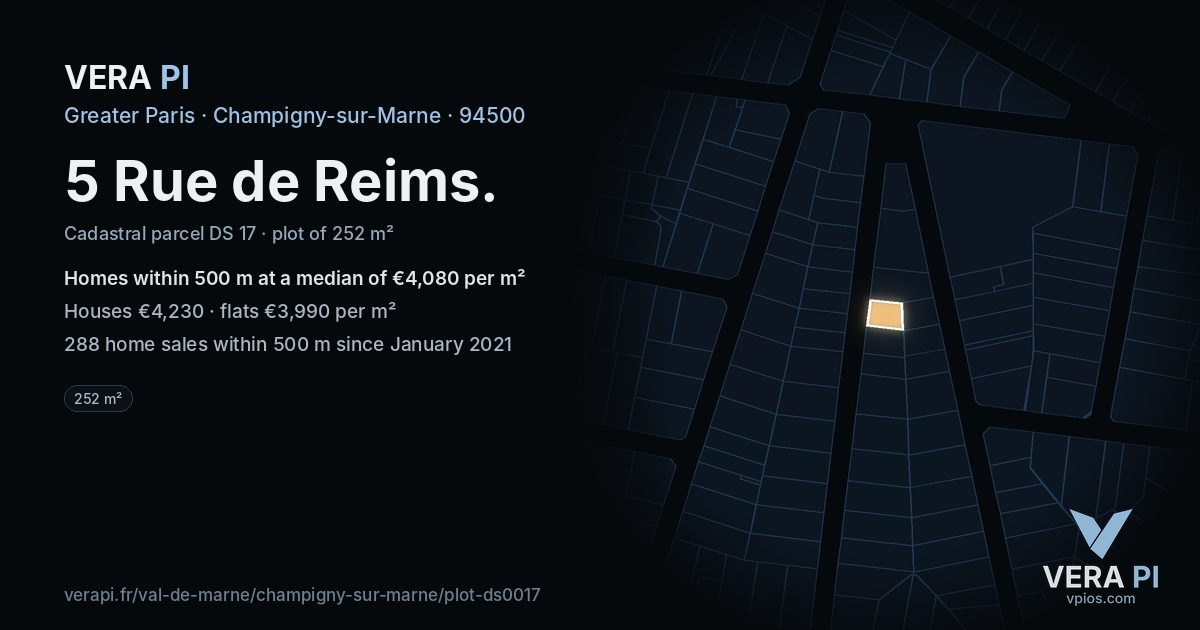 5 Rue de Reims, Champigny-sur-Marne at night – the plot lit, the parcels around coloured by the prices near them