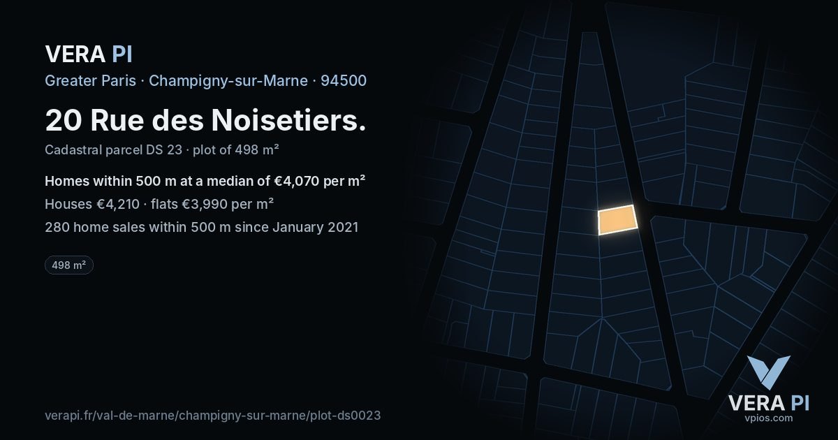 20 Rue des Noisetiers, Champigny-sur-Marne at night – the plot lit, the parcels around coloured by the prices near them