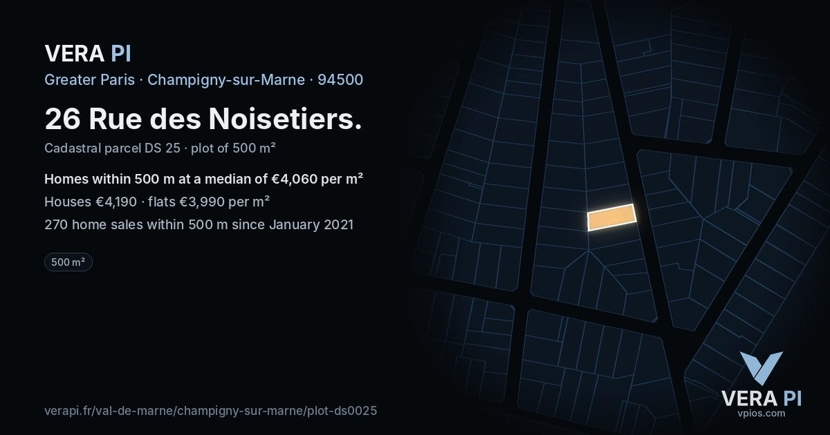 26 Rue des Noisetiers, Champigny-sur-Marne at night – the plot lit, the parcels around coloured by the prices near them