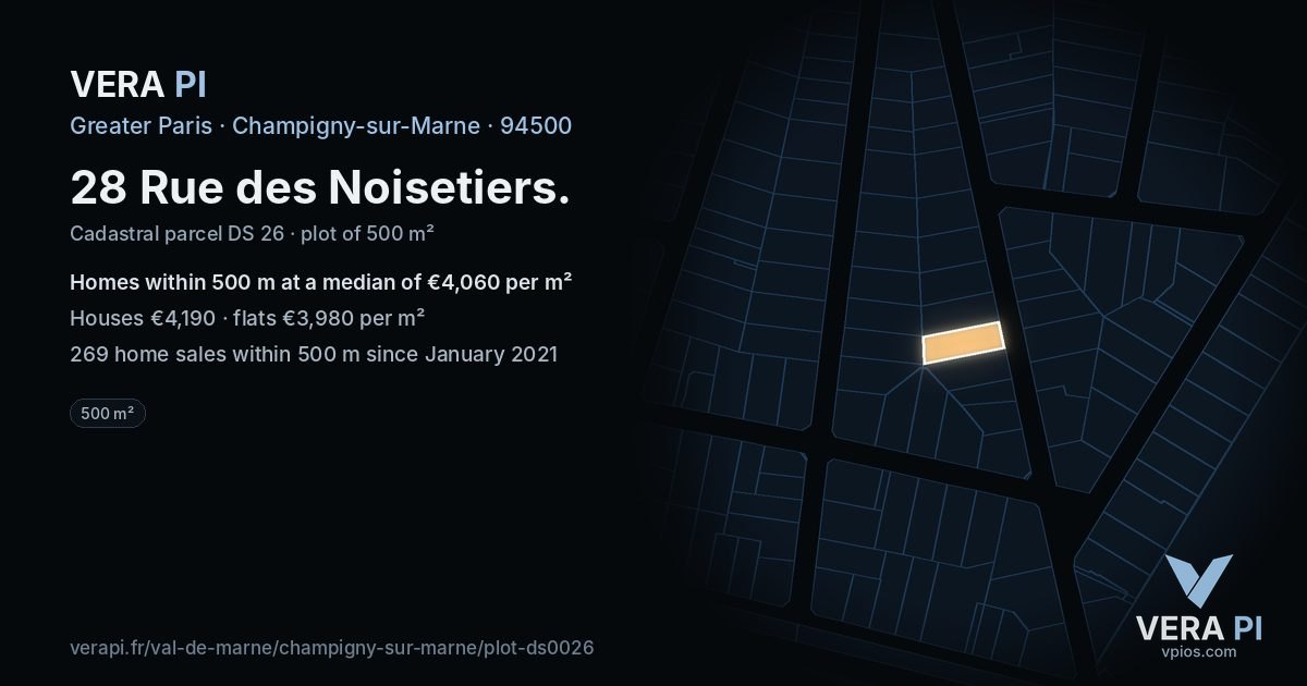 28 Rue des Noisetiers, Champigny-sur-Marne at night – the plot lit, the parcels around coloured by the prices near them