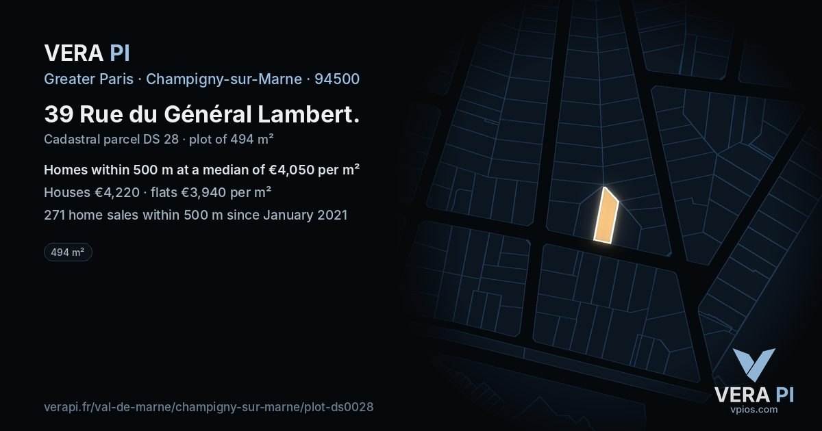 39 Rue du Général Lambert, Champigny-sur-Marne at night – the plot lit, the parcels around coloured by the prices near them
