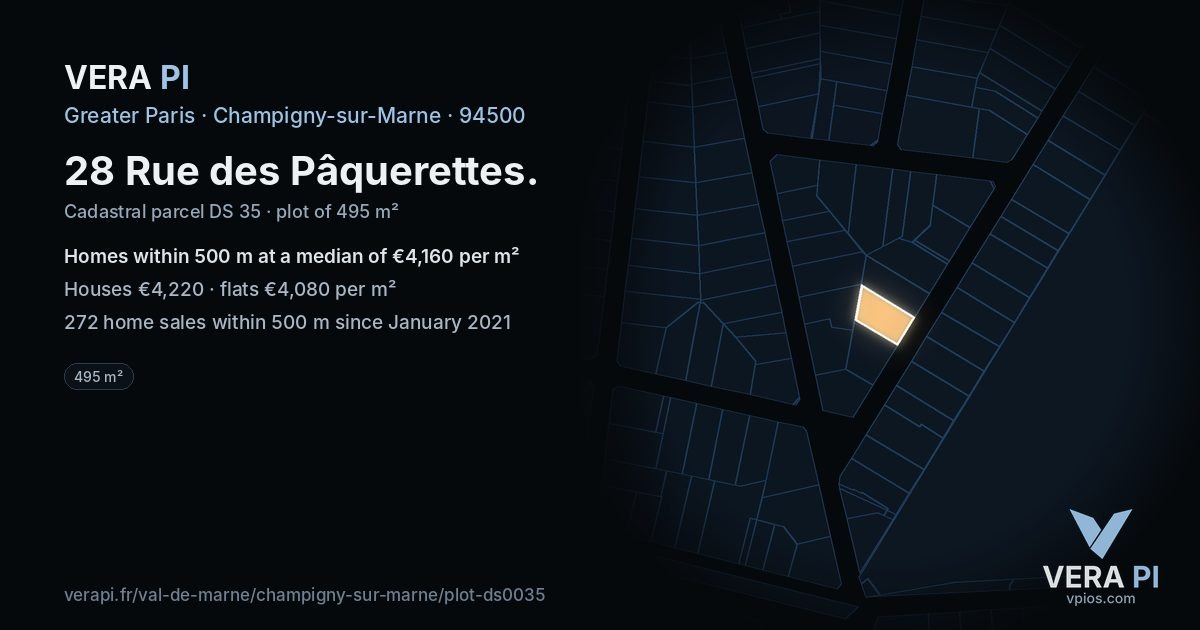 28 Rue des Pâquerettes, Champigny-sur-Marne at night – the plot lit, the parcels around coloured by the prices near them