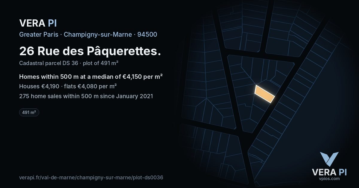 26 Rue des Pâquerettes, Champigny-sur-Marne at night – the plot lit, the parcels around coloured by the prices near them