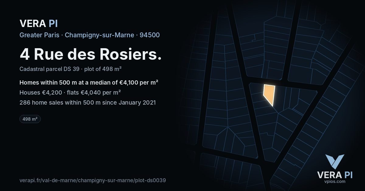 4 Rue des Rosiers, Champigny-sur-Marne at night – the plot lit, the parcels around coloured by the prices near them
