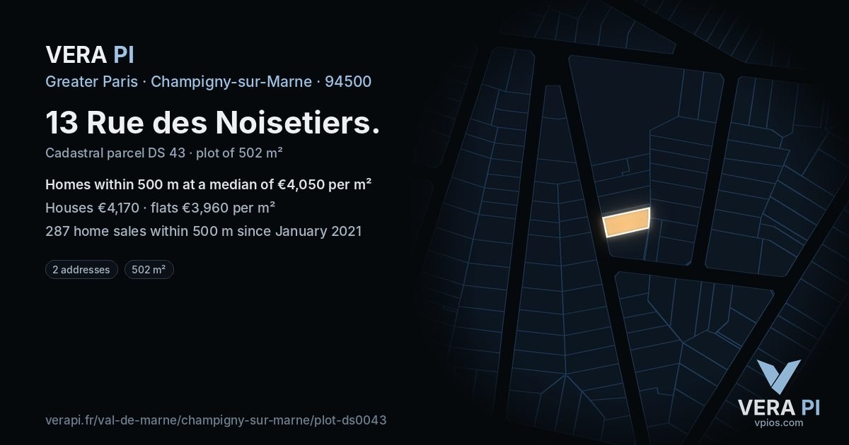 13 Rue des Noisetiers, Champigny-sur-Marne at night – the plot lit, the parcels around coloured by the prices near them