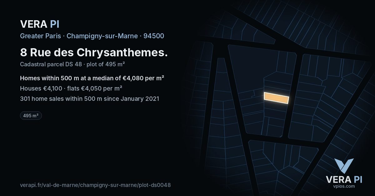 8 Rue des Chrysanthemes, Champigny-sur-Marne at night – the plot lit, the parcels around coloured by the prices near them