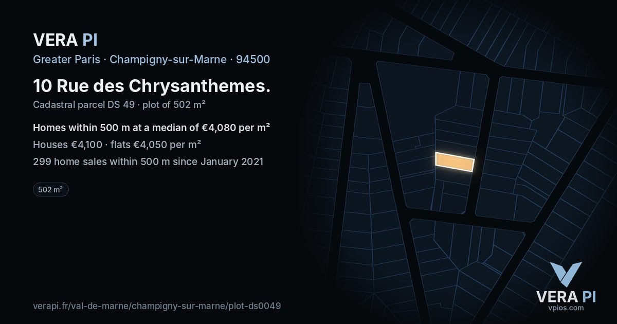 10 Rue des Chrysanthemes, Champigny-sur-Marne at night – the plot lit, the parcels around coloured by the prices near them