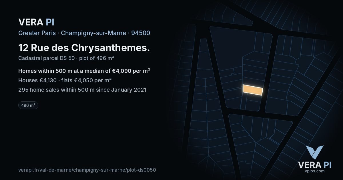 12 Rue des Chrysanthemes, Champigny-sur-Marne at night – the plot lit, the parcels around coloured by the prices near them