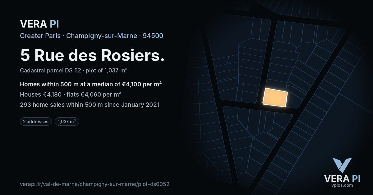 5 Rue des Rosiers, Champigny-sur-Marne at night – the plot lit, the parcels around coloured by the prices near them