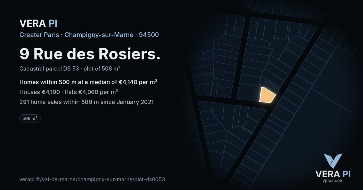9 Rue des Rosiers, Champigny-sur-Marne at night – the plot lit, the parcels around coloured by the prices near them