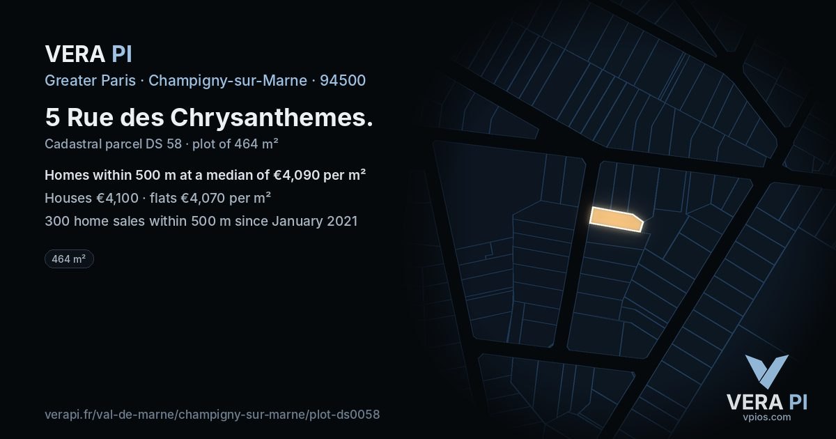 5 Rue des Chrysanthemes, Champigny-sur-Marne at night – the plot lit, the parcels around coloured by the prices near them