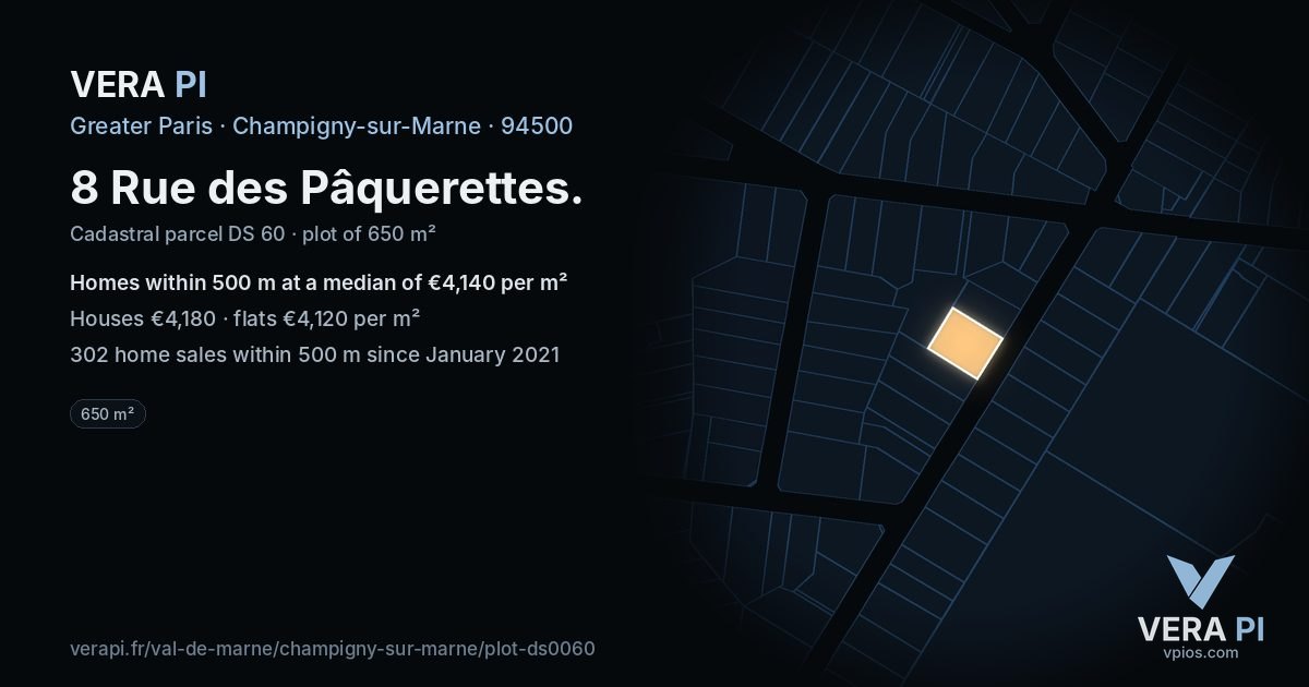 8 Rue des Pâquerettes, Champigny-sur-Marne at night – the plot lit, the parcels around coloured by the prices near them