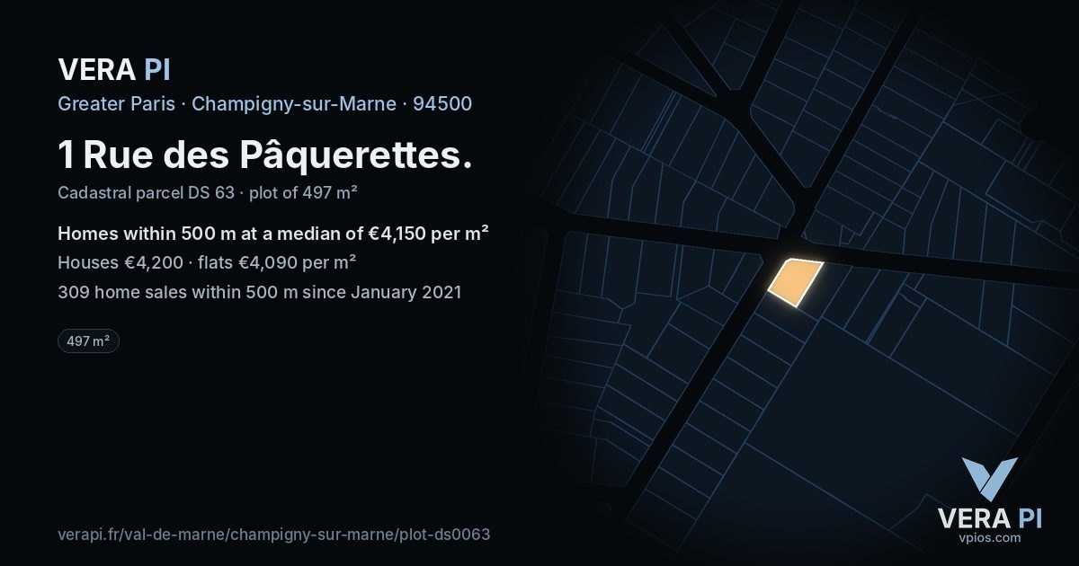 1 Rue des Pâquerettes, Champigny-sur-Marne at night – the plot lit, the parcels around coloured by the prices near them