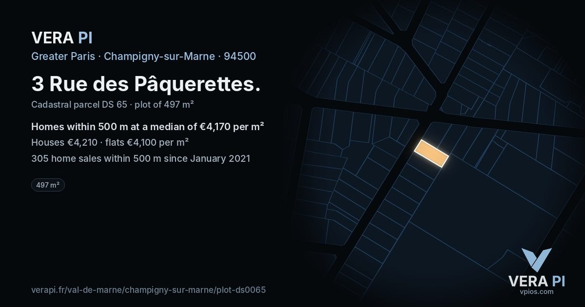3 Rue des Pâquerettes, Champigny-sur-Marne at night – the plot lit, the parcels around coloured by the prices near them