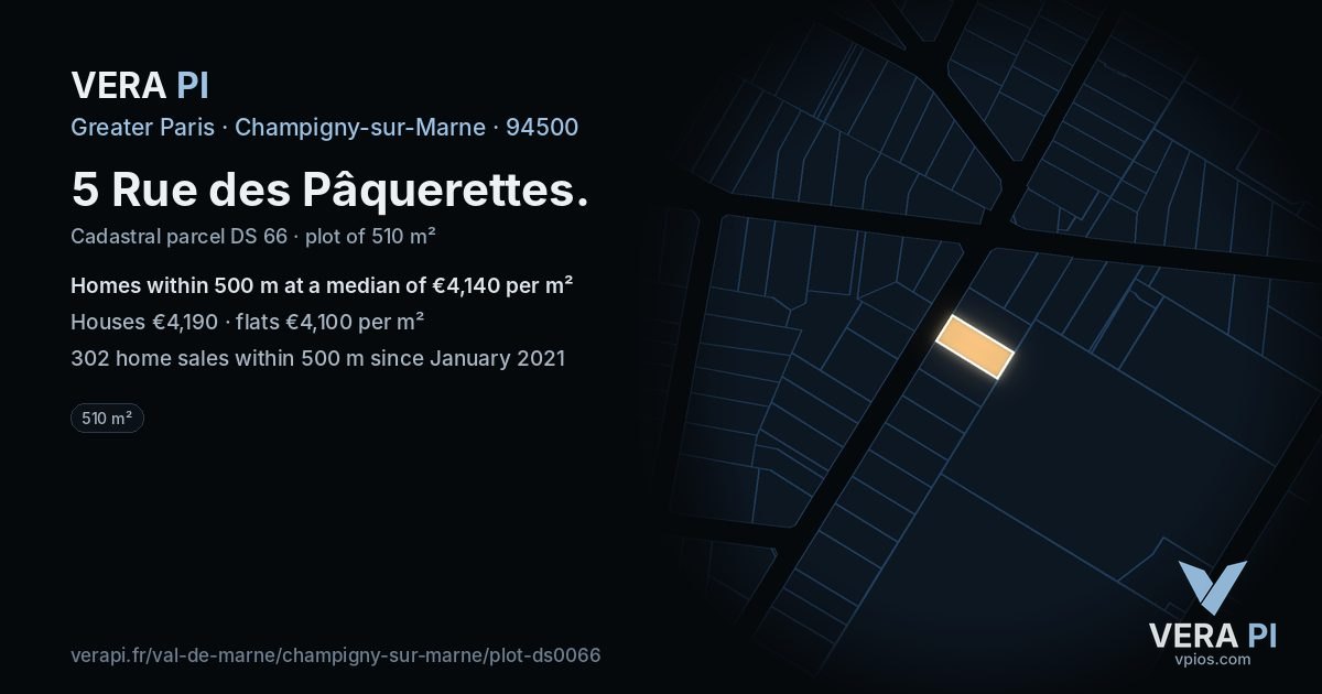 5 Rue des Pâquerettes, Champigny-sur-Marne at night – the plot lit, the parcels around coloured by the prices near them