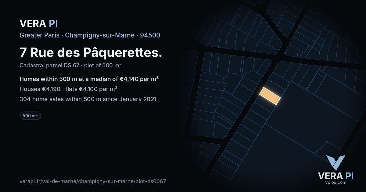 7 Rue des Pâquerettes, Champigny-sur-Marne at night – the plot lit, the parcels around coloured by the prices near them