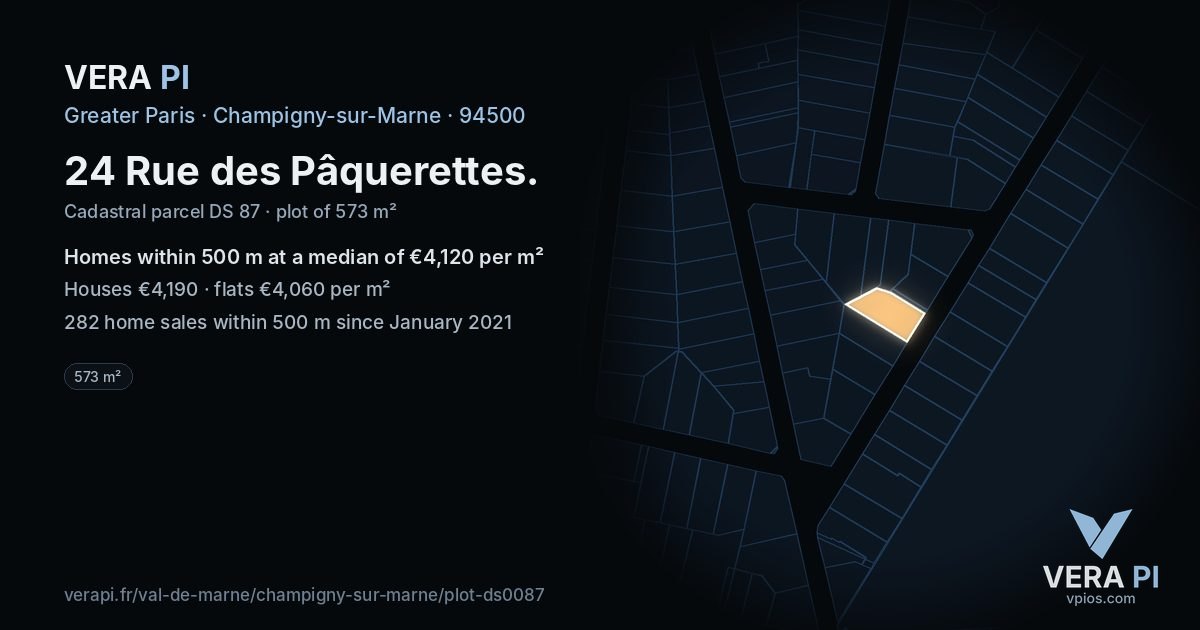 24 Rue des Pâquerettes, Champigny-sur-Marne at night – the plot lit, the parcels around coloured by the prices near them