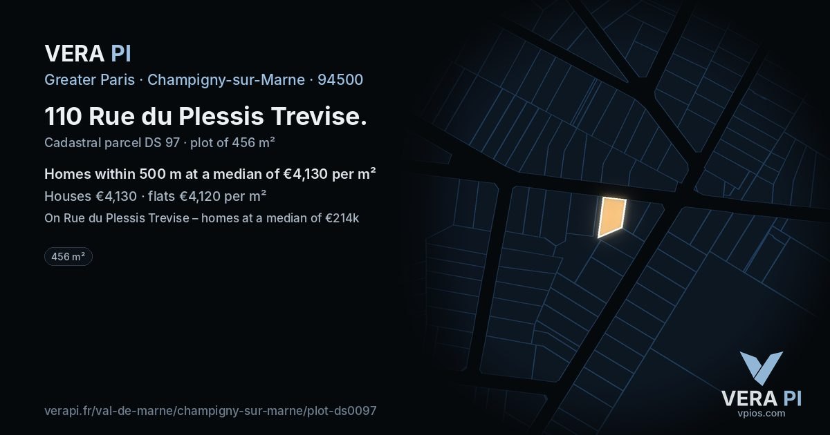 110 Rue du Plessis Trevise, Champigny-sur-Marne at night – the plot lit, the parcels around coloured by the prices near them