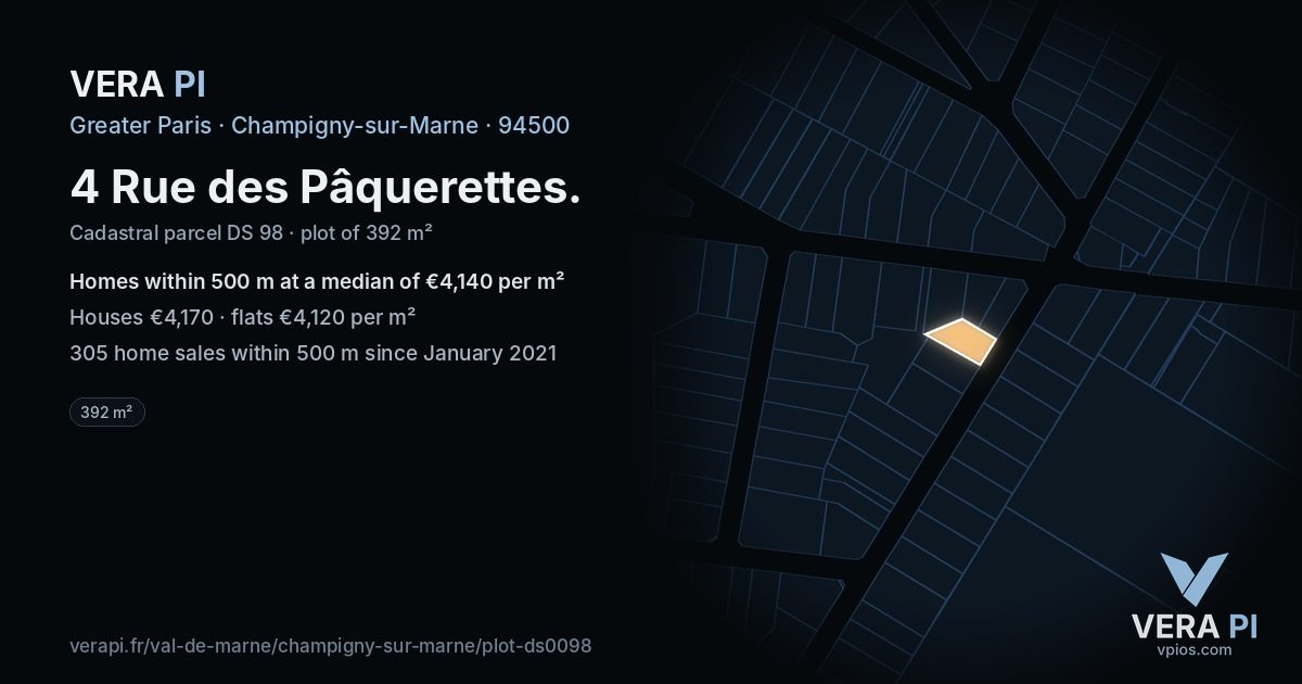4 Rue des Pâquerettes, Champigny-sur-Marne at night – the plot lit, the parcels around coloured by the prices near them