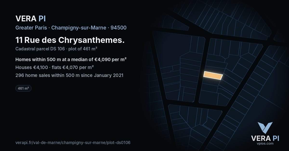 11 Rue des Chrysanthemes, Champigny-sur-Marne at night – the plot lit, the parcels around coloured by the prices near them