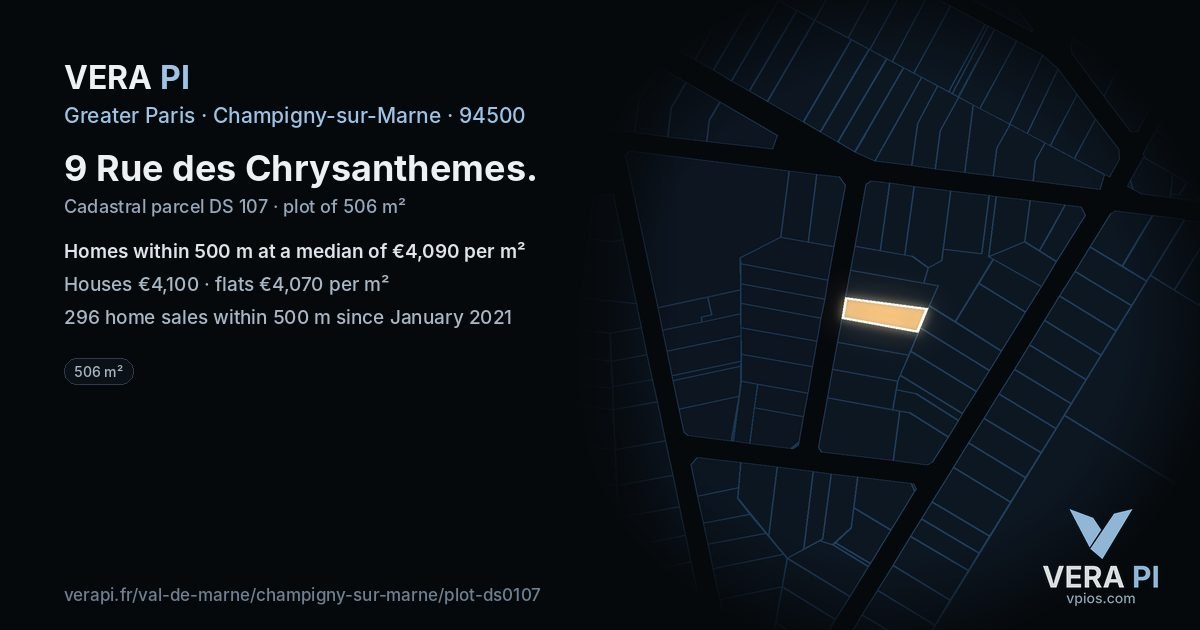 9 Rue des Chrysanthemes, Champigny-sur-Marne at night – the plot lit, the parcels around coloured by the prices near them