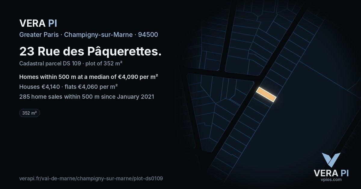 23 Rue des Pâquerettes, Champigny-sur-Marne at night – the plot lit, the parcels around coloured by the prices near them