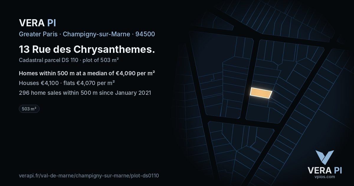 13 Rue des Chrysanthemes, Champigny-sur-Marne at night – the plot lit, the parcels around coloured by the prices near them