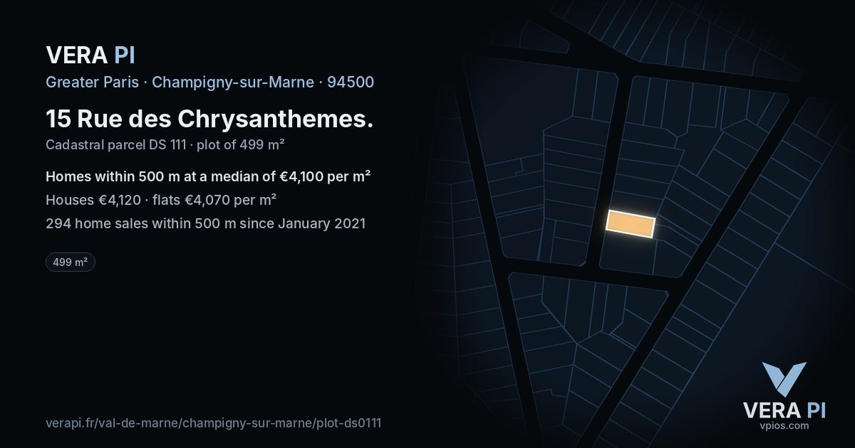 15 Rue des Chrysanthemes, Champigny-sur-Marne at night – the plot lit, the parcels around coloured by the prices near them