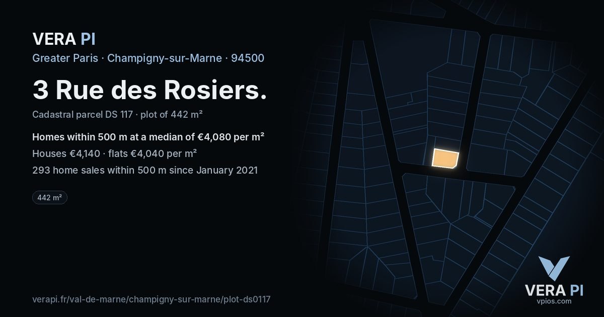 3 Rue des Rosiers, Champigny-sur-Marne at night – the plot lit, the parcels around coloured by the prices near them