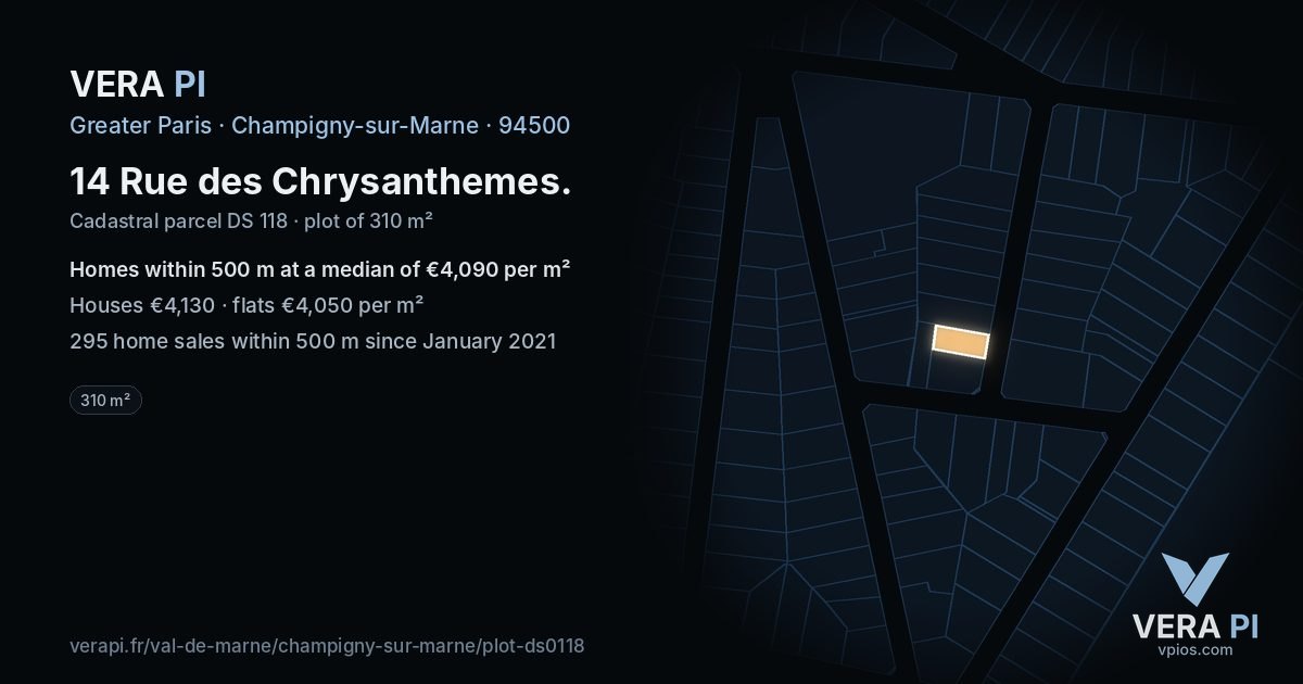 14 Rue des Chrysanthemes, Champigny-sur-Marne at night – the plot lit, the parcels around coloured by the prices near them