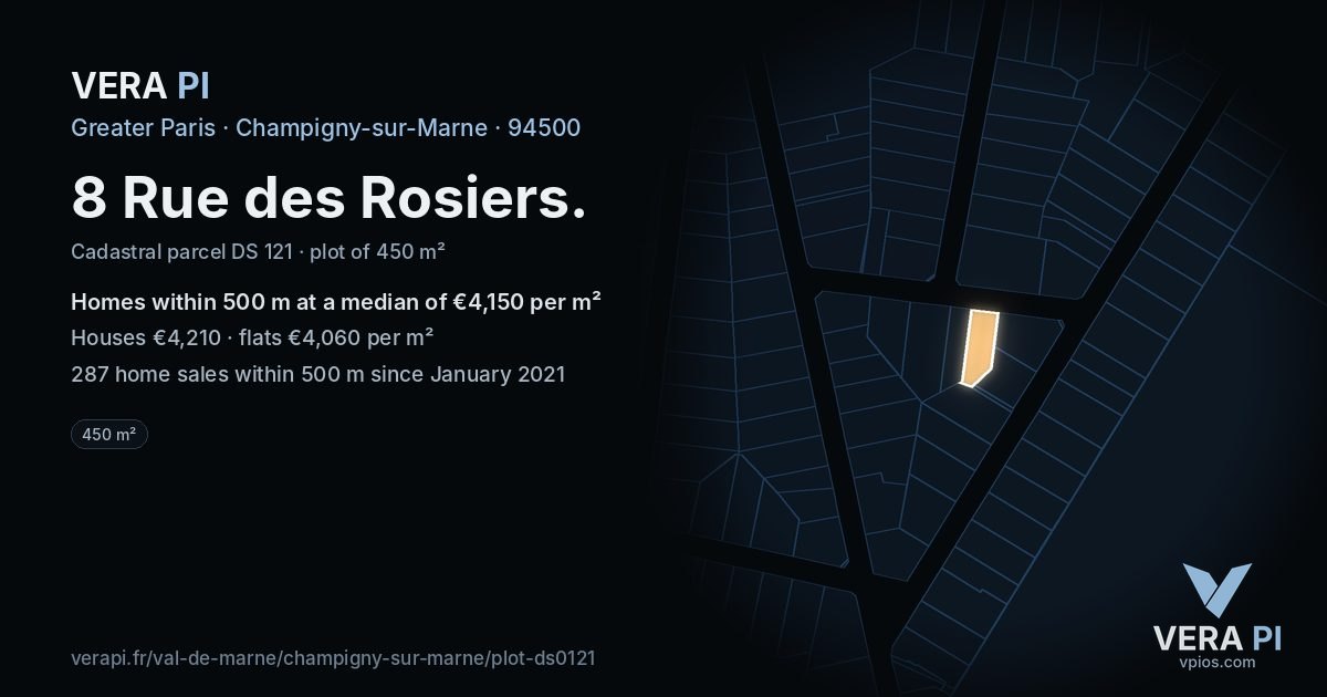 8 Rue des Rosiers, Champigny-sur-Marne at night – the plot lit, the parcels around coloured by the prices near them