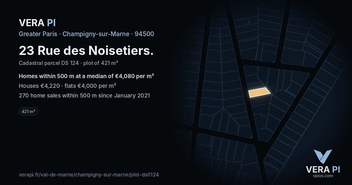 23 Rue des Noisetiers, Champigny-sur-Marne at night – the plot lit, the parcels around coloured by the prices near them
