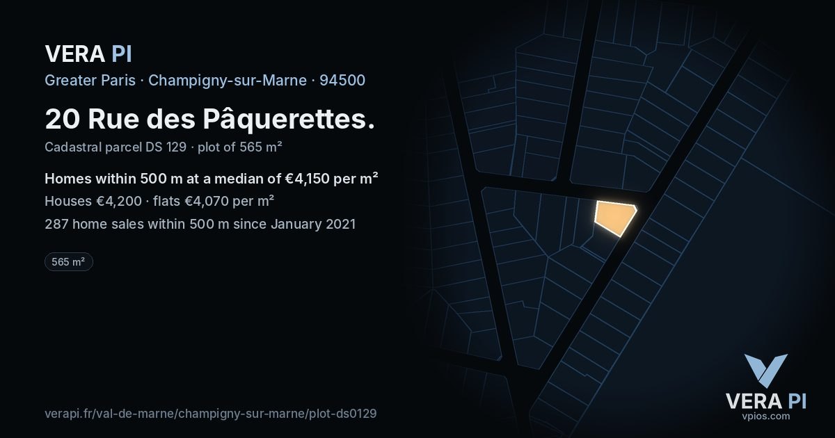 20 Rue des Pâquerettes, Champigny-sur-Marne at night – the plot lit, the parcels around coloured by the prices near them