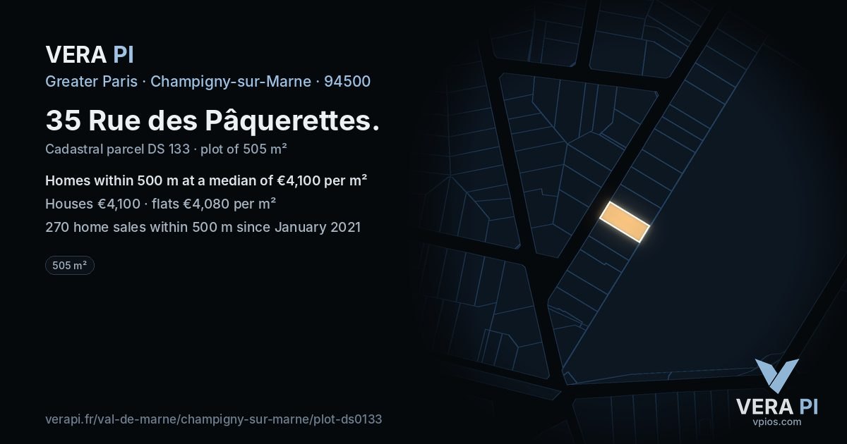 35 Rue des Pâquerettes, Champigny-sur-Marne at night – the plot lit, the parcels around coloured by the prices near them