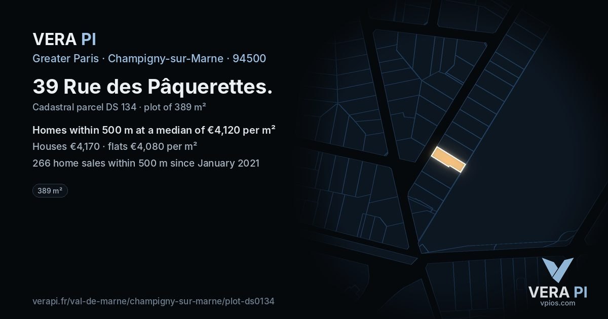 39 Rue des Pâquerettes, Champigny-sur-Marne at night – the plot lit, the parcels around coloured by the prices near them