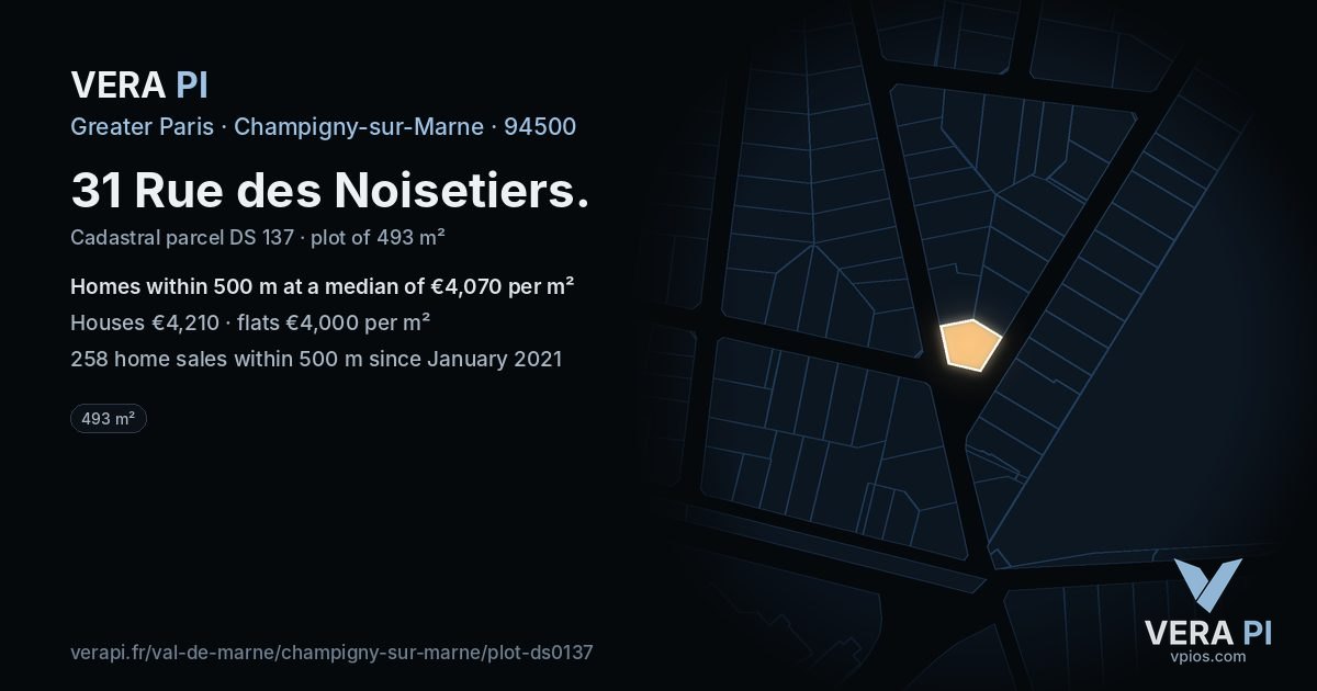 31 Rue des Noisetiers, Champigny-sur-Marne at night – the plot lit, the parcels around coloured by the prices near them