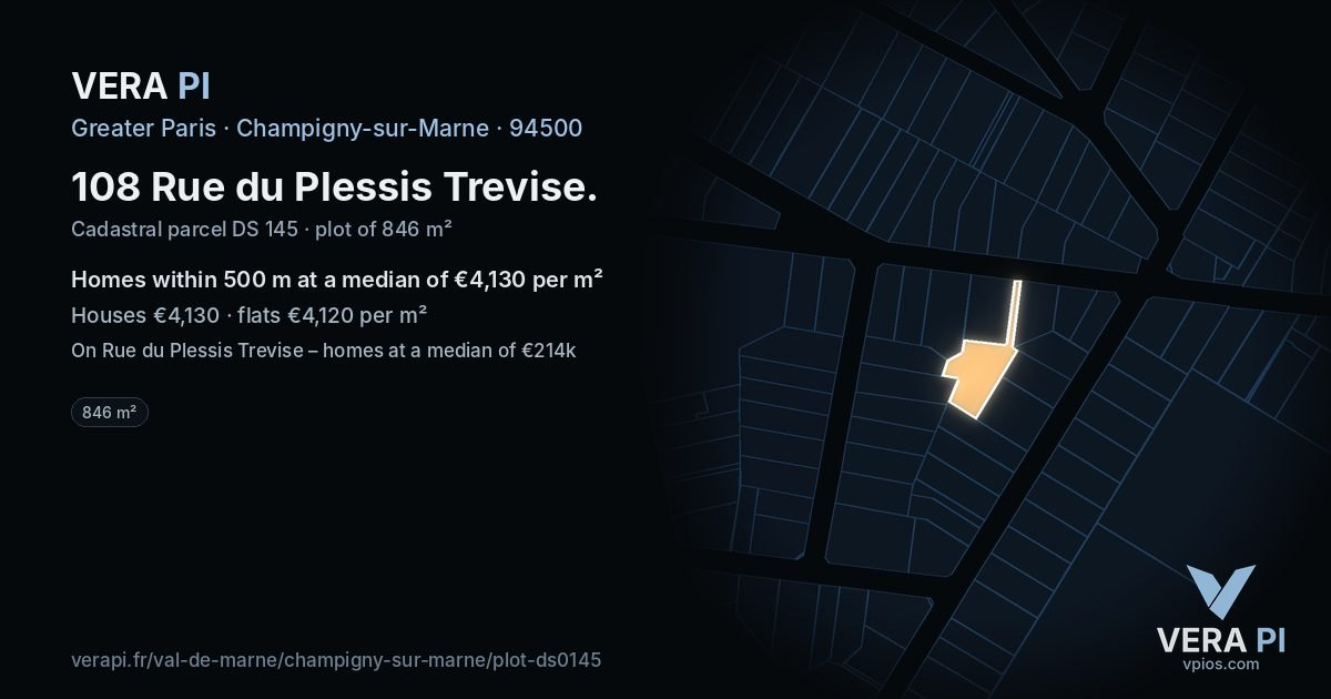 108 Rue du Plessis Trevise, Champigny-sur-Marne at night – the plot lit, the parcels around coloured by the prices near them