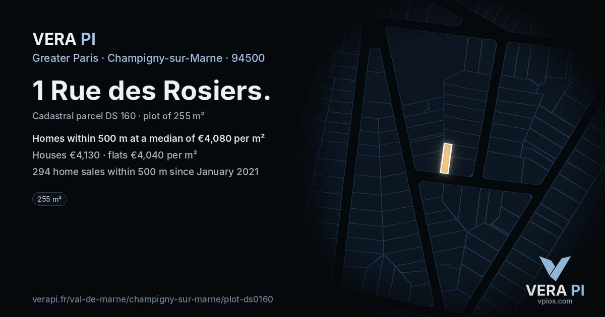 1 Rue des Rosiers, Champigny-sur-Marne at night – the plot lit, the parcels around coloured by the prices near them